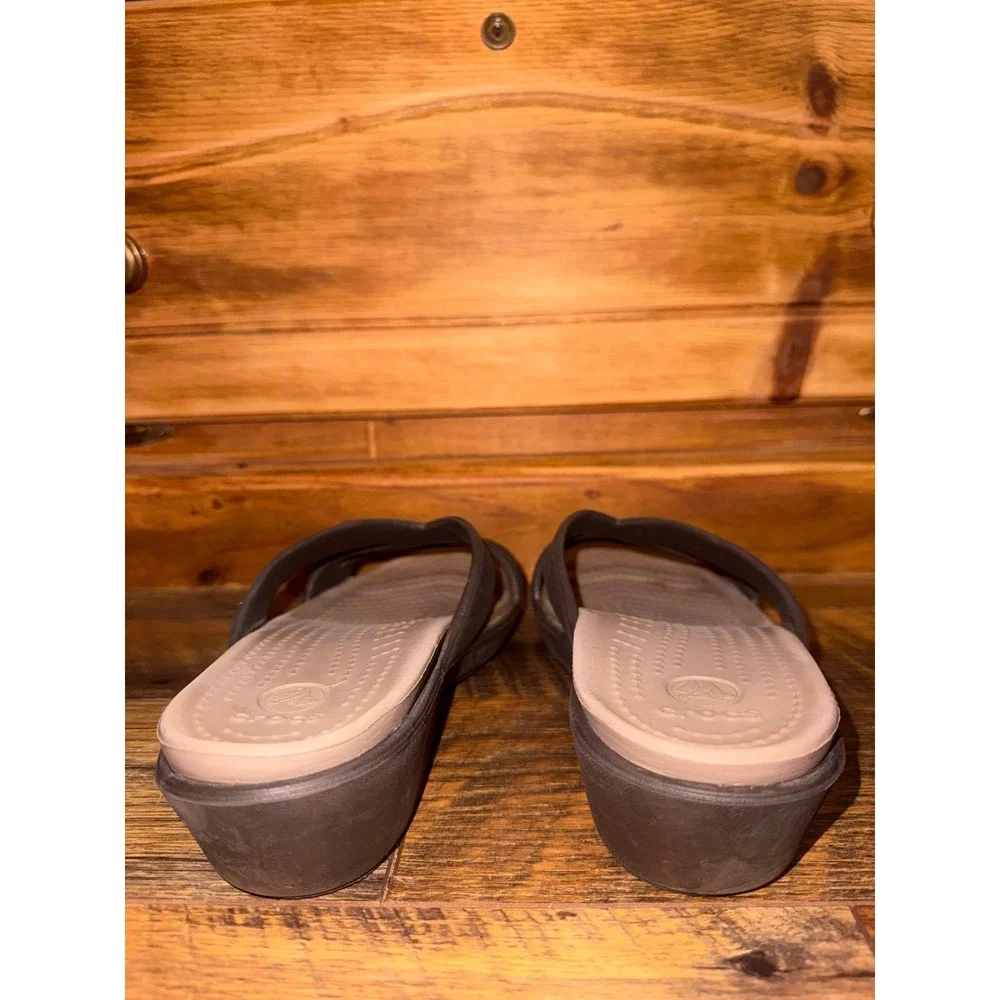 Crocs Women Meleen Cross-Band Wedge Sandals Espresso Brown Size 7 11853